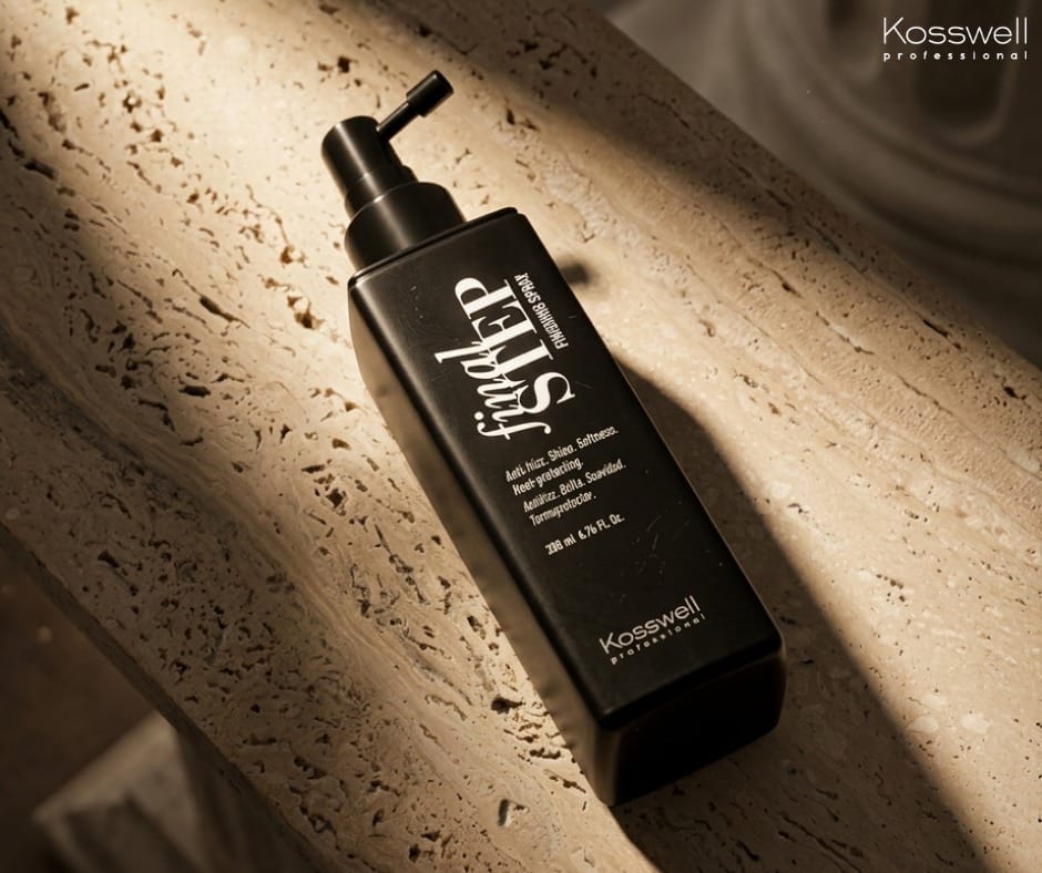 Błyszczące wykończenie włosów produktem Kosswell Professional